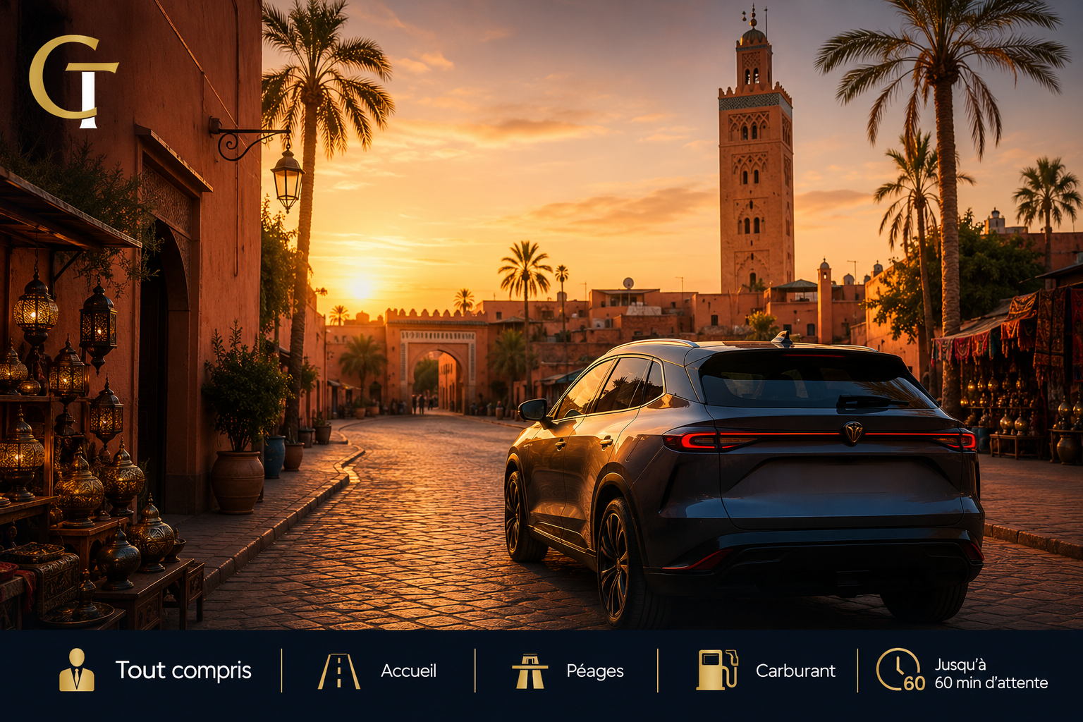 Ruelle de la Médina de Marrakech au coucher du soleil avec véhicule Class Transfer